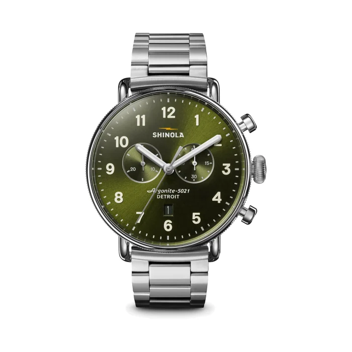 Shinola Canfield Chronograph 43mm Dark Olive Dial Stainless Steel Bracelet