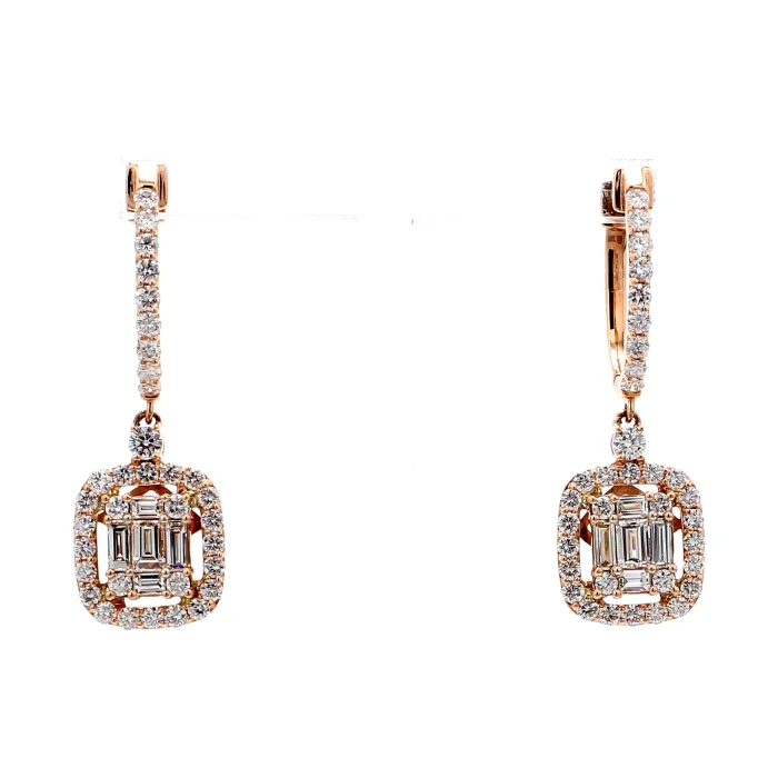 14K Rose Gold Diamond Halo Drop Earrings, 2.56 ct tw