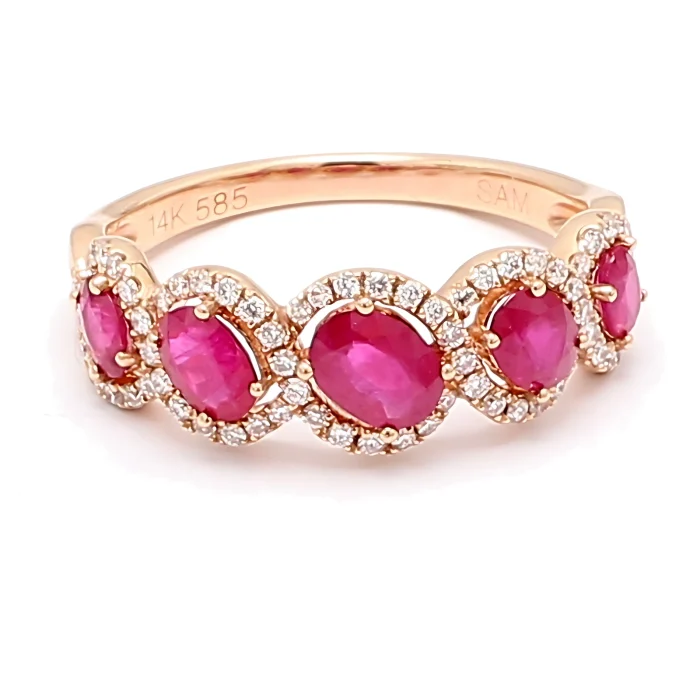 14K Rose Gold Five-Stone Oval Ruby and Diamond Band, 0.25 ct tw
