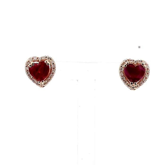 14K Rose Gold Heart-Shaped Ruby and Diamond Earrings