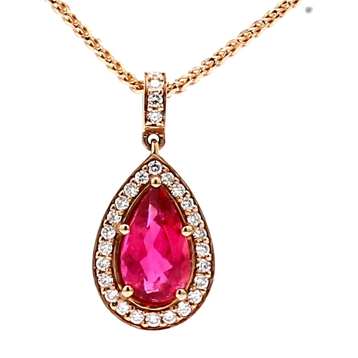 14K Rose Gold Pear Pink Tourmaline and Diamond Pendant, 0.25 ct tw