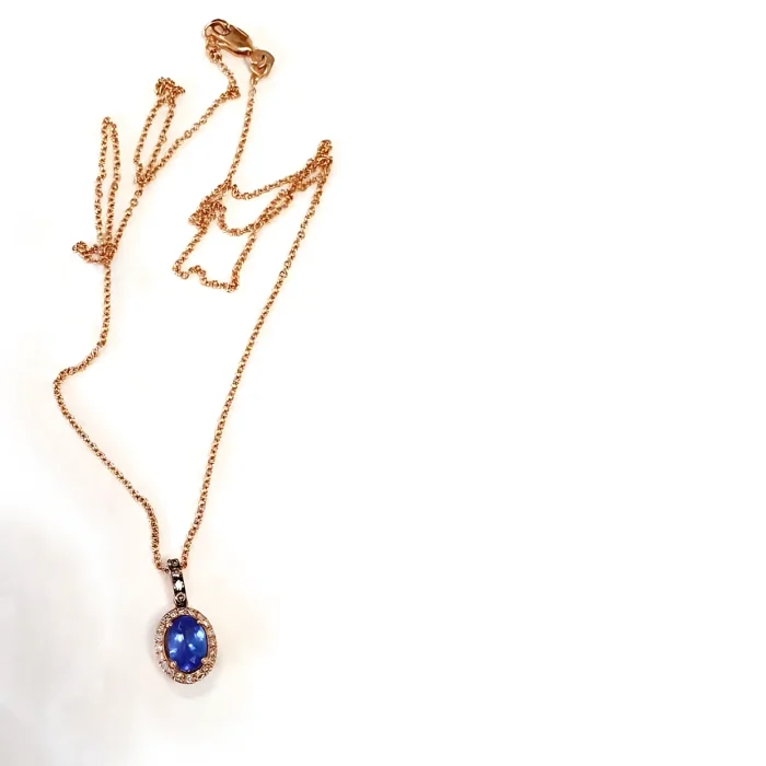 14K Rose Gold Tanzanite and Diamond Halo Pendant, 0.25 ct tw