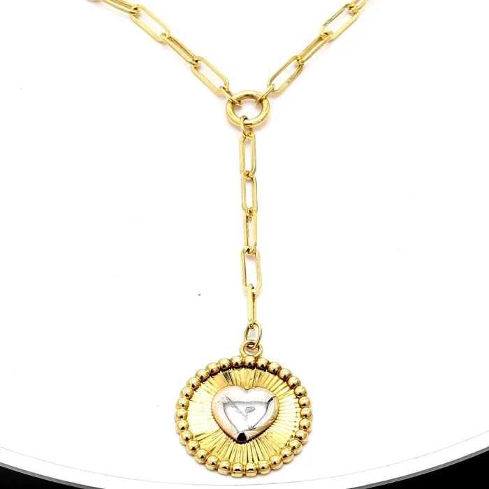 14K Two-Tone Gold Circle Heart Drop Necklace