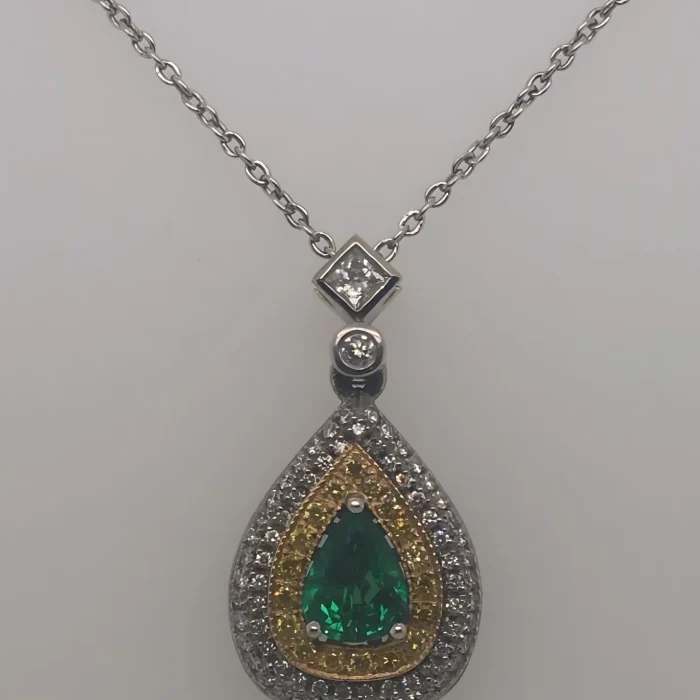 14K Two-Tone Gold Pear-Shaped Emerald and Diamond Pendant, 1.20 ct tw