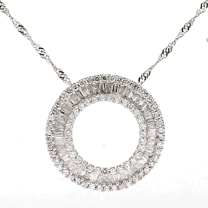 14K White Gold Baguette and Round Diamond Circle Pendant, 1.50 ct tw