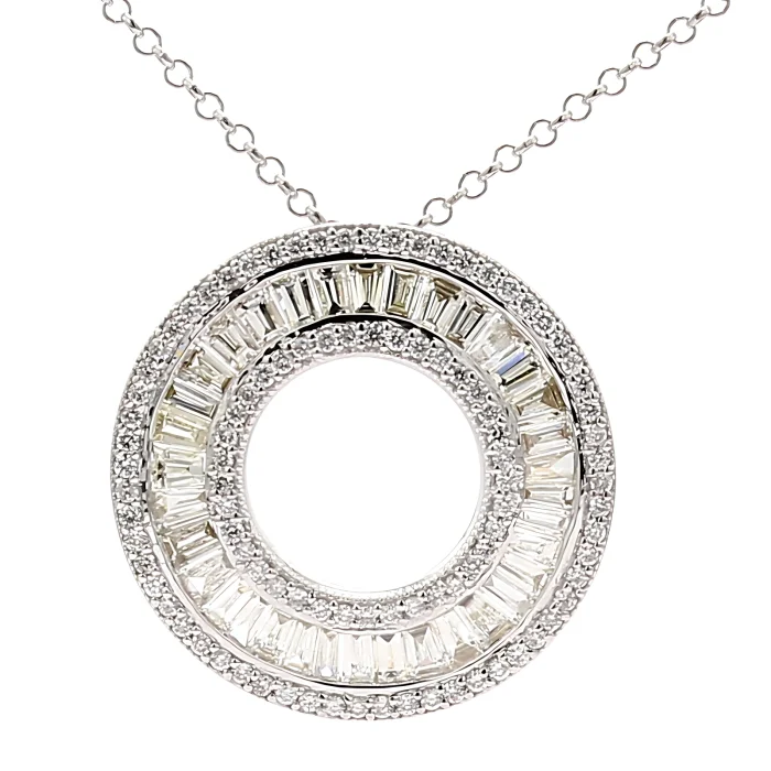 14K White Gold Baguette and Round Diamond Eternity Circle Pendant, 1.78 ct tw