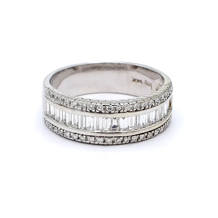 14K White Gold Baguette and Round Diamond Half-Way Band, 1.00 ct tw