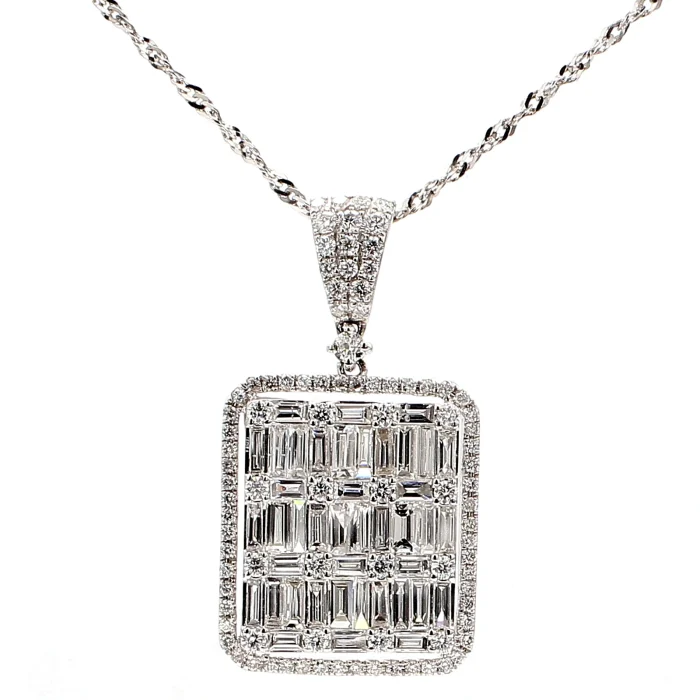 14K White Gold Baguette and Round Diamond Pendant, 3.37 ct tw