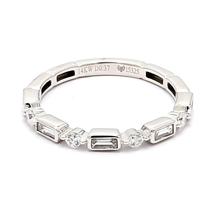 14K White Gold Baguette and Round Stackable Diamond Band, 0.58 ct tw