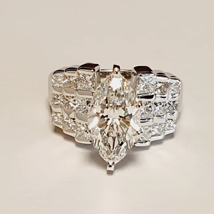 14K White Gold Bar-Set Round and Princess Diamond Semi-Mount