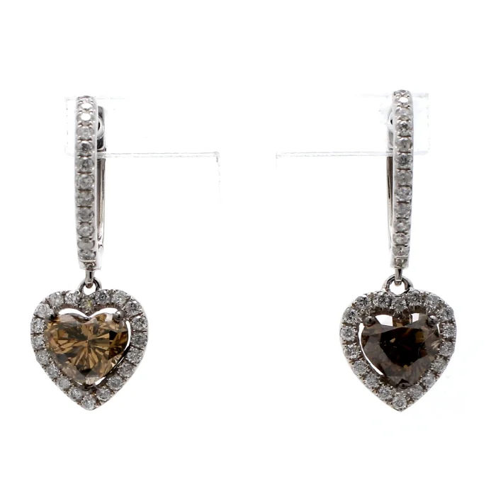14K White Gold Brown Heart Diamond Halo Drop Earrings, 2.63 ct tw