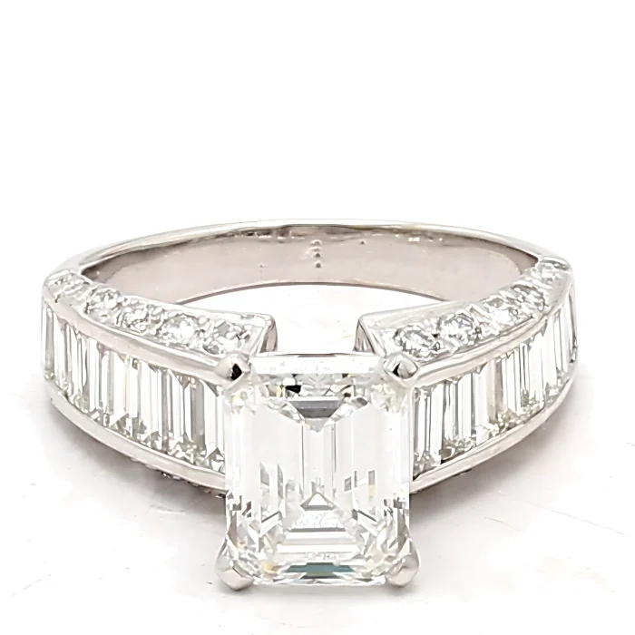 14K White Gold Channel-Set Emerald-Cut and Round Diamond Semi-Mount, 2.50 ct tw