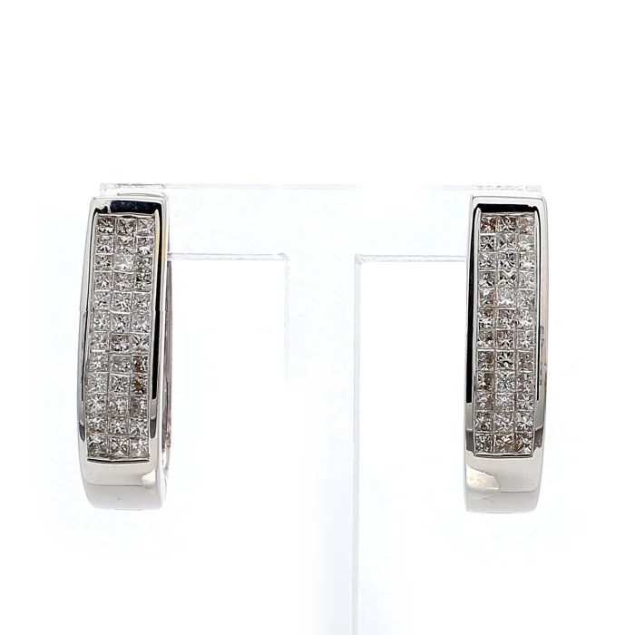 14K White Gold Channel Set Princess Diamond Hoop Earrings, 2.00 ct tw
