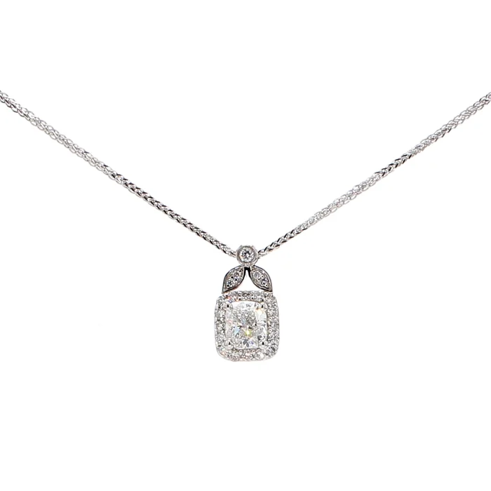 14K White Gold Cushion-Cut Diamond Halo Pendant, 0.91 ct tw