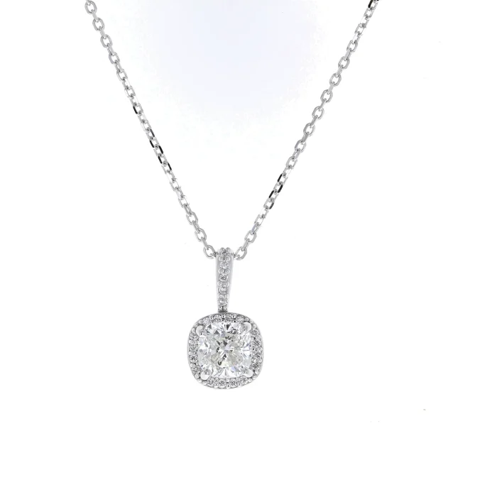 14K White Gold Cushion Diamond Halo Pendant, 0.80 ct tw