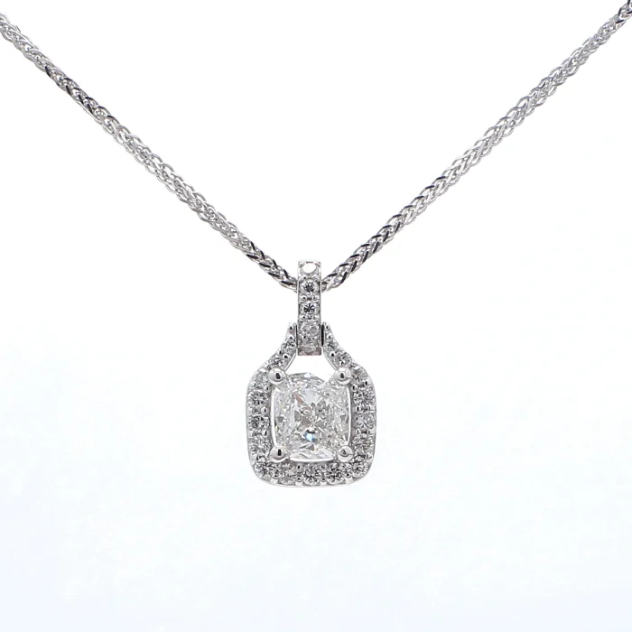 14K White Gold Cushion Diamond Halo Pendant, 0.88 ct tw