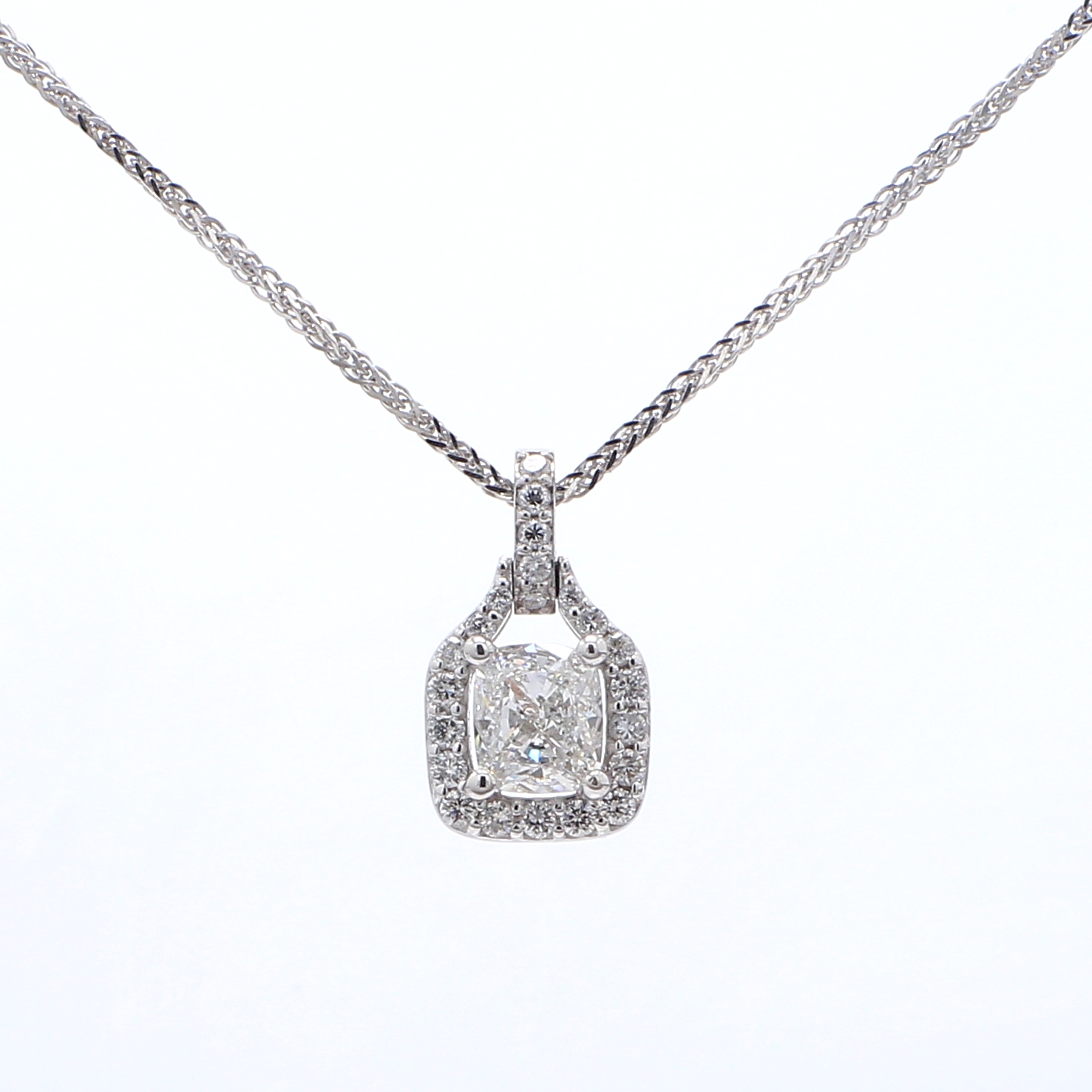 14K White Gold Cushion Diamond Halo Pendant, 0.88 ct tw