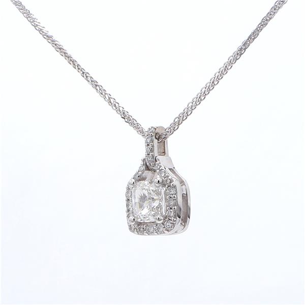 14K White Gold Cushion Diamond Halo Pendant, 0.88 ct tw