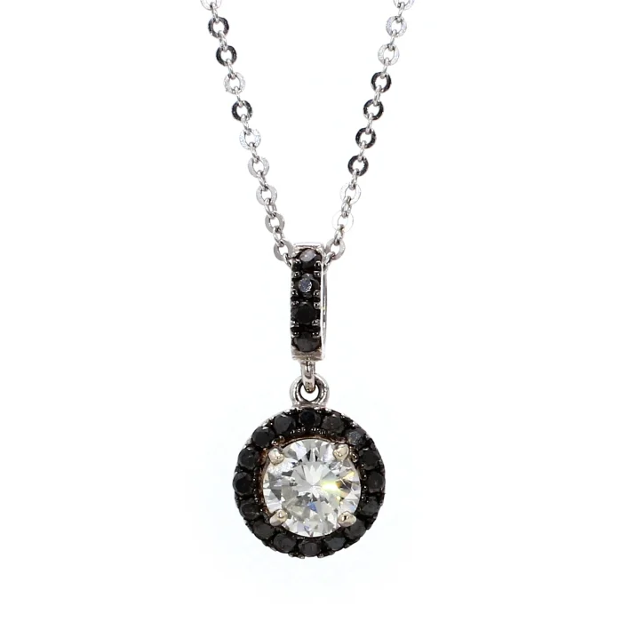 14K White Gold Diamond and Black Diamond Halo Pendant, 0.73 ct tw