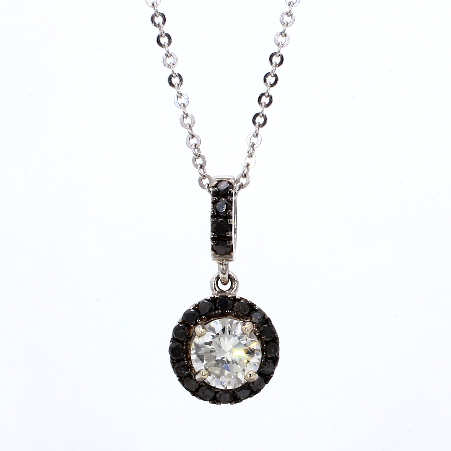 14K White Gold Diamond and Black Diamond Halo Pendant, 0.73 ct tw