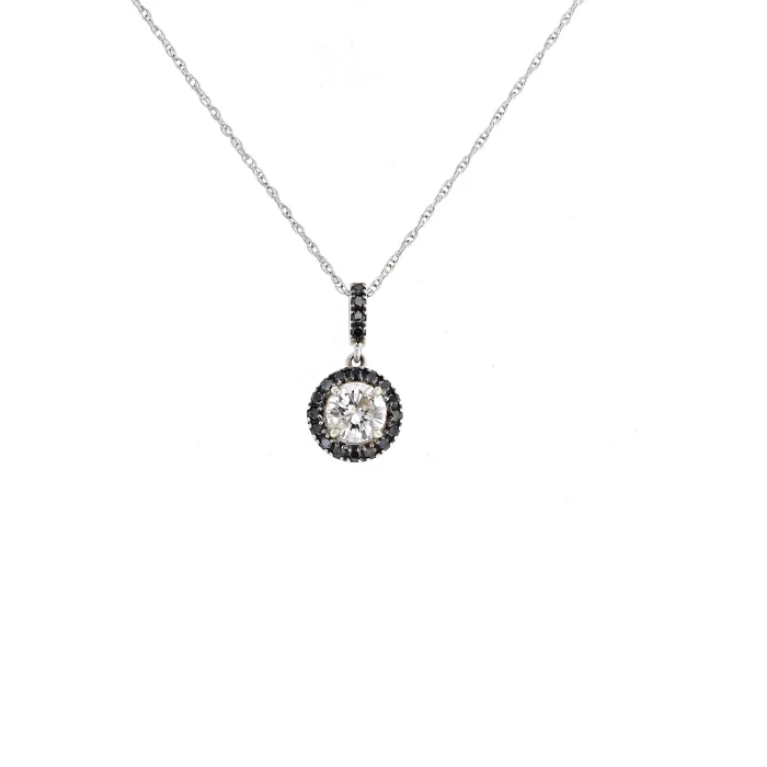 14K White Gold Diamond and Black Diamond Halo Pendant, 1.00 ct tw