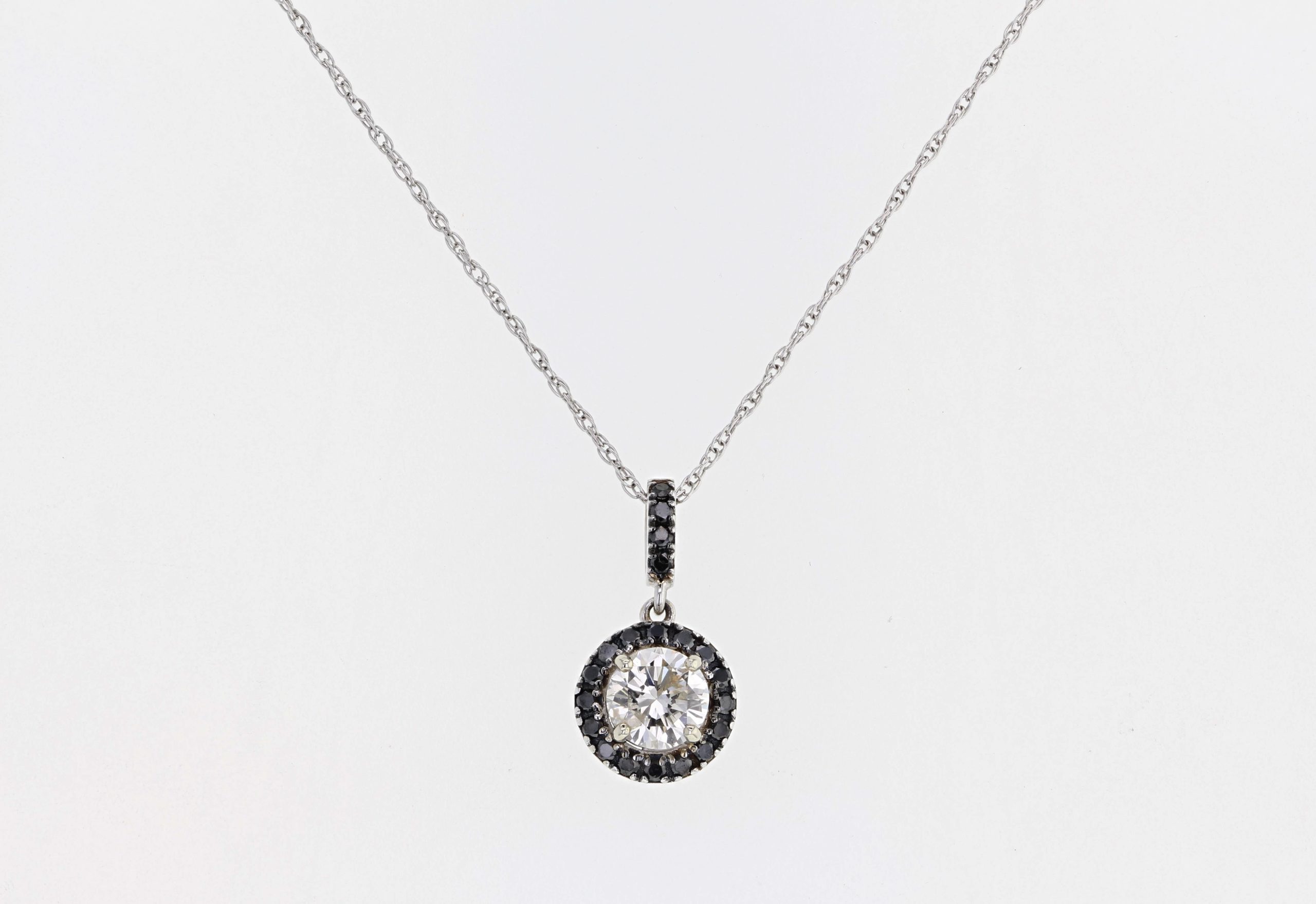 14K White Gold Diamond and Black Diamond Halo Pendant, 1.00 ct tw