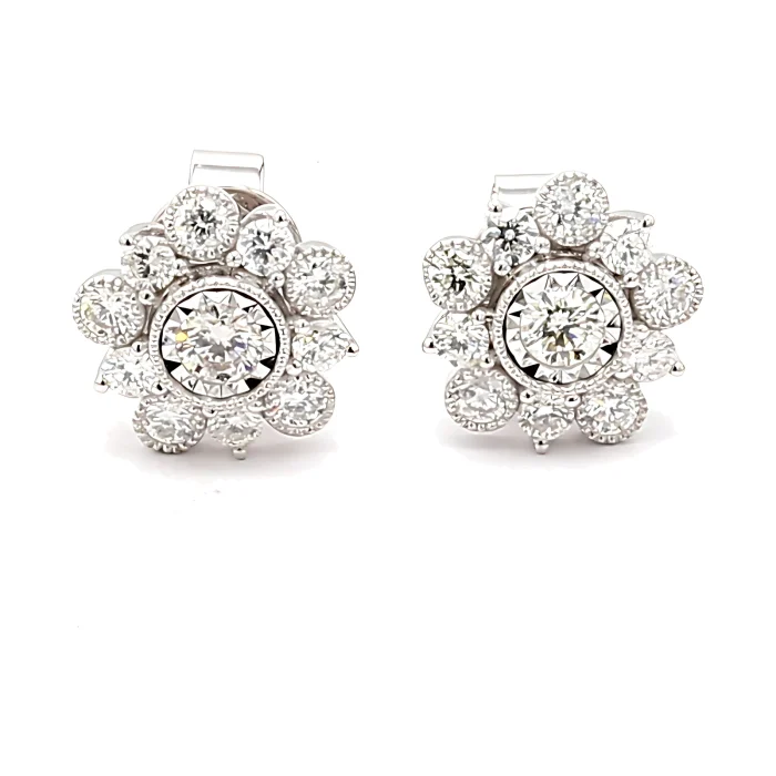 14K White Gold Diamond Flower Earrings, 1.10 ct tw