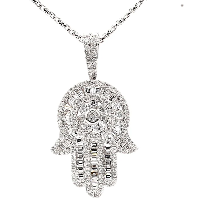 14K White Gold Diamond Hamsa Pendant, 2.00 ct tw