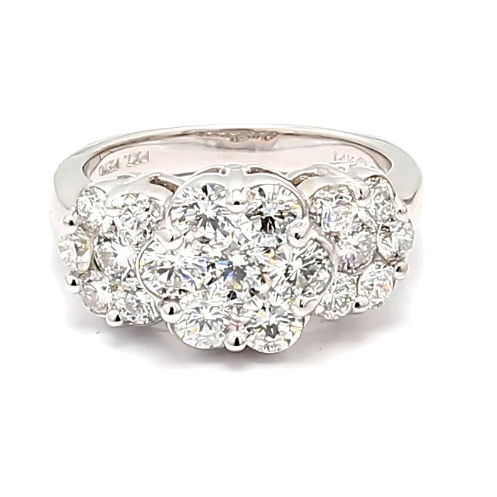 14K White Gold Diamond Three-Flower Ring, 1.65 ct tw