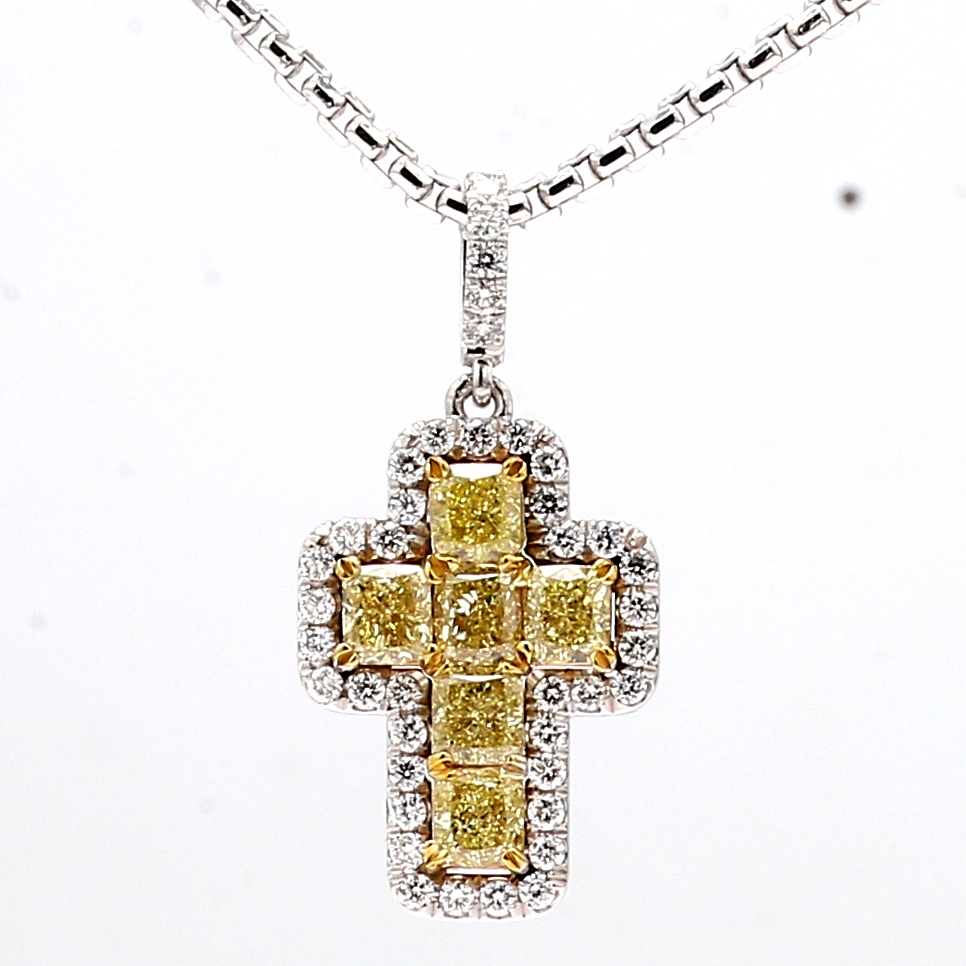 14K White Gold Fancy Intense Yellow Diamond Cross Pendant, 2.16 ct tw