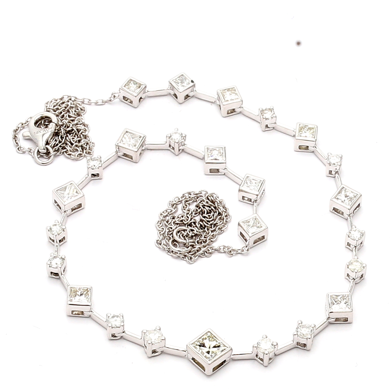 14K White Gold Princess and Round Diamond Necklace, 2.18 ct tw