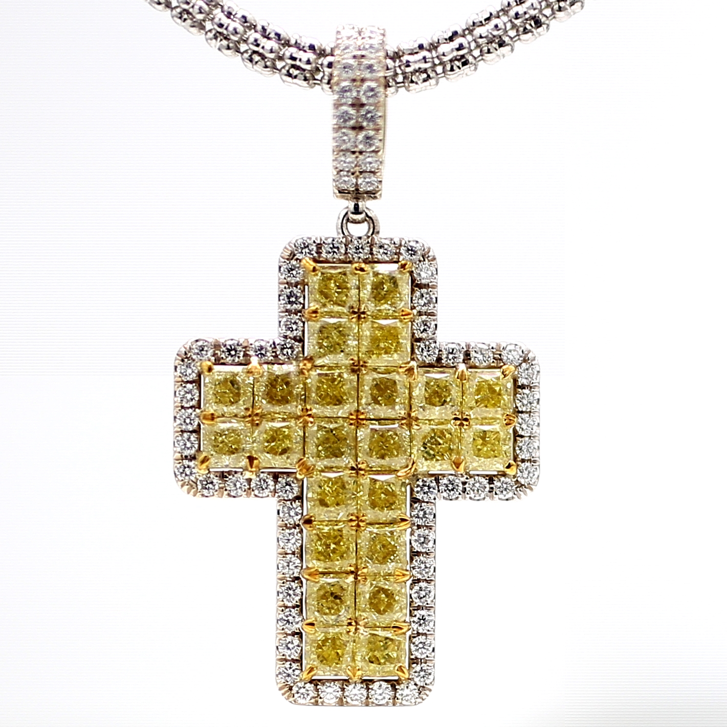 14K White Gold Yellow and White Diamond Cross Pendant, 10.07 ct tw