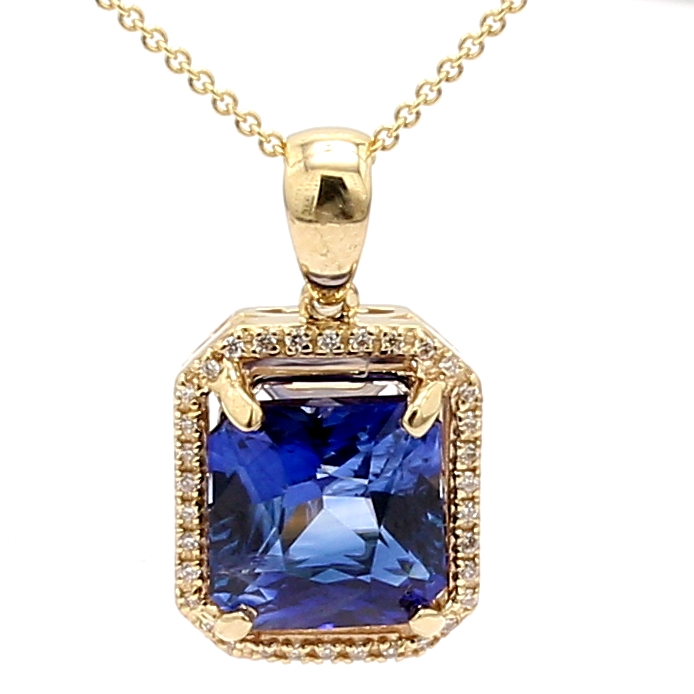 14K Yellow Gold Radiant Sapphire and Diamond Pendant, 0.15 ct tw