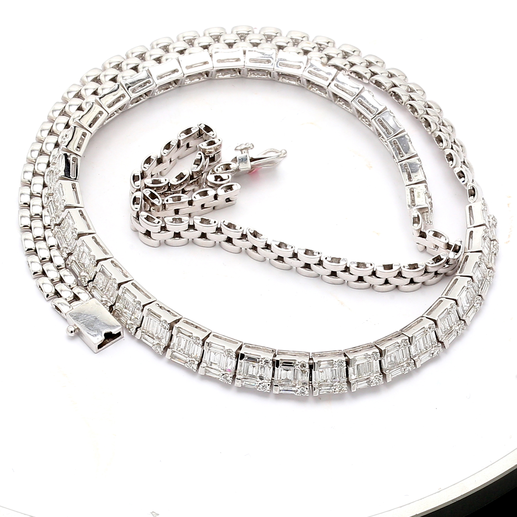 18K White Gold Baguette and Round Diamond Necklace, 6.58 ct tw