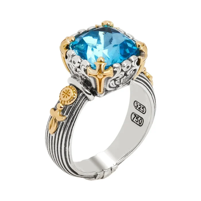 Konstantino Delos 2 Sterling Silver and 18k Yellow Gold Swiss Blue Topaz Ring