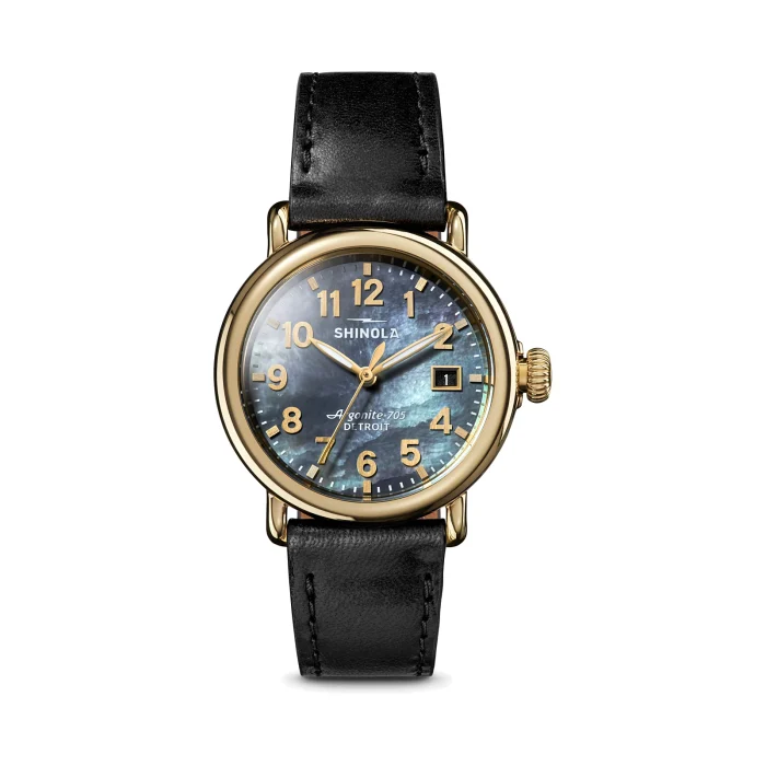 Shinola Runwell 36mm Gold-Tone Gray Mother-of-Pearl Dial Black Leather Strap