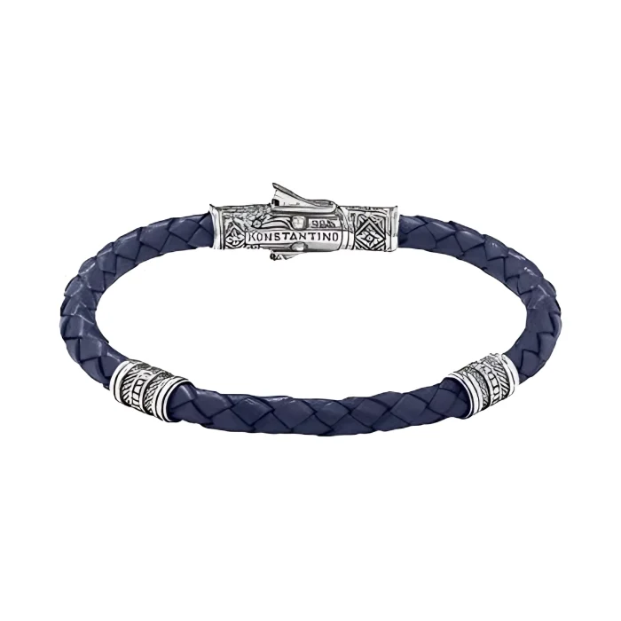 Konstantino Perseus Sterling Silver and Blue Leather Double Vessel Bracelet