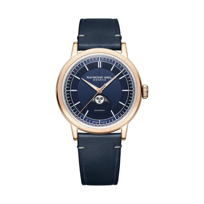 Raymond Weil Millesime Moon Phase 39mm Rose Gold PVD Midnight Blue Dial