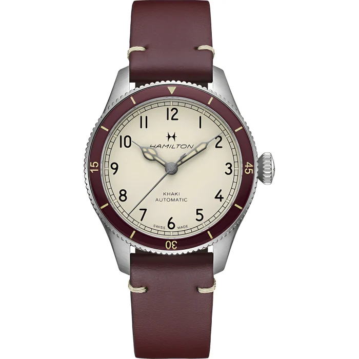 Hamilton Khaki Aviation Pilot Pioneer Auto 38mm White Dial Burgundy Strap