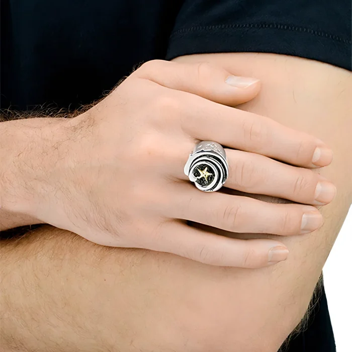 King Baby Eagle Star Signet Ring with 18k Gold Star, Size 11
