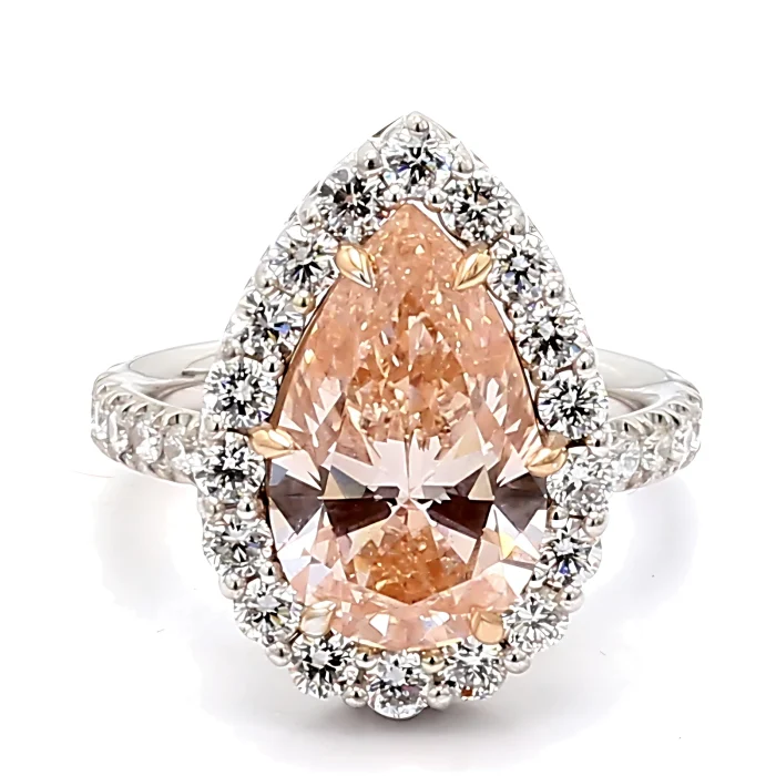 Lab-Grown Fancy Intense Pink Pear Diamond Halo Ring, 6.50 ct tw