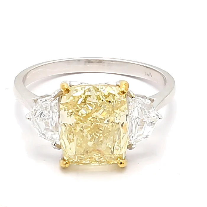 Lab-Grown Fancy Intense Yellow Cushion Diamond Three-Stone Ring, 5.21 ct tw