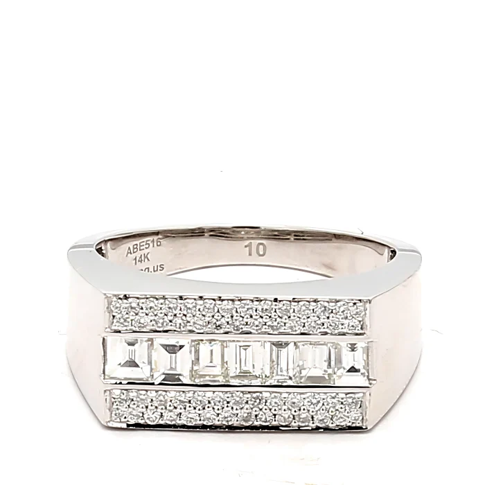 Men's 14K White Gold Baguette and Round Diamond Ring, 1.15 ct tw