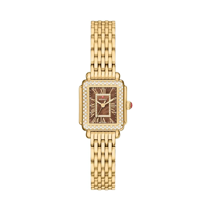Michele Deco Madison Mini Diamond 18K Gold-Plated Watch with Chocolate Mother-of-Pearl Dial