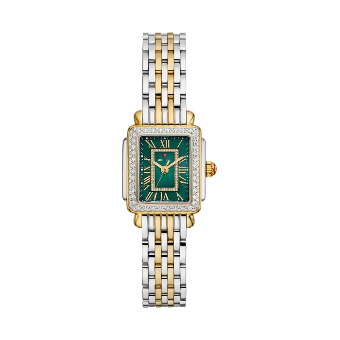 Michele Deco Madison Mini Diamond Two-Tone Watch with Green Mother-of-Pearl Dial