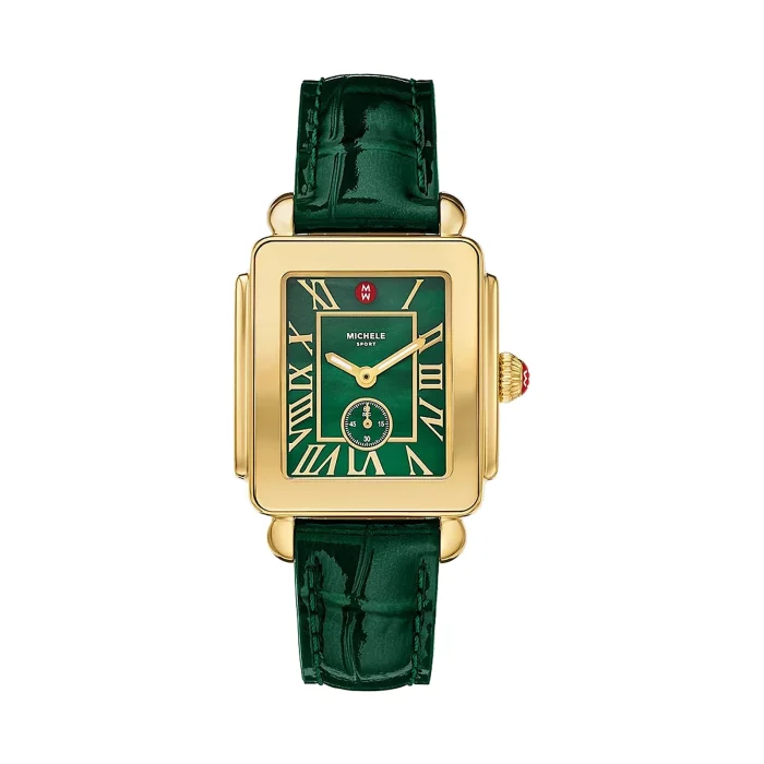 Michele Deco Sport Mid Gold-Plated Lush Green Leather Watch
