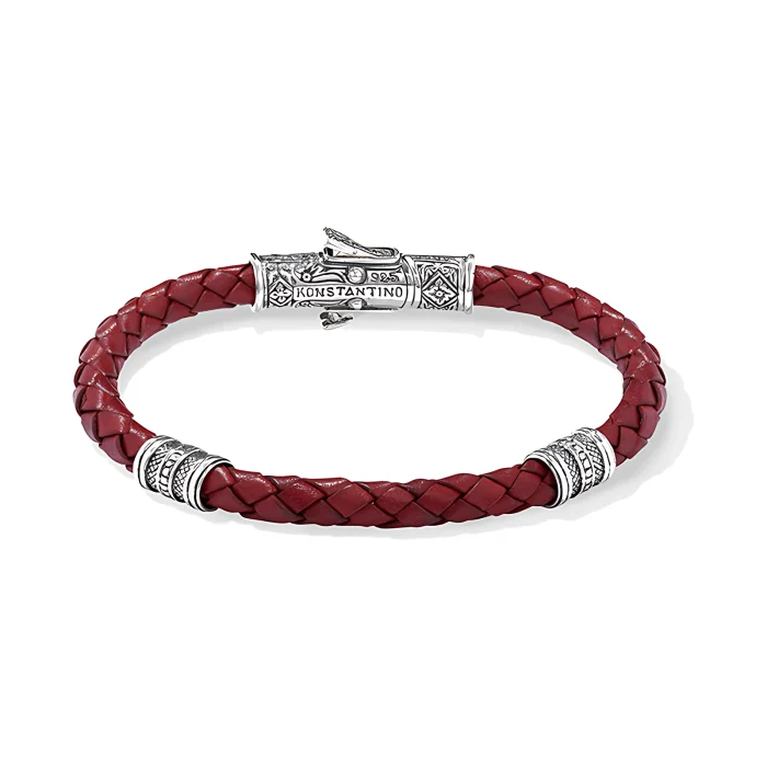 Konstantino Perseus Sterling Silver and Red Leather Double Vessel Bracelet