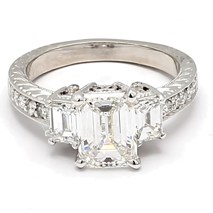 Platinum Emerald-Cut and Round Diamond Semi-Mount, 0.98 ct tw