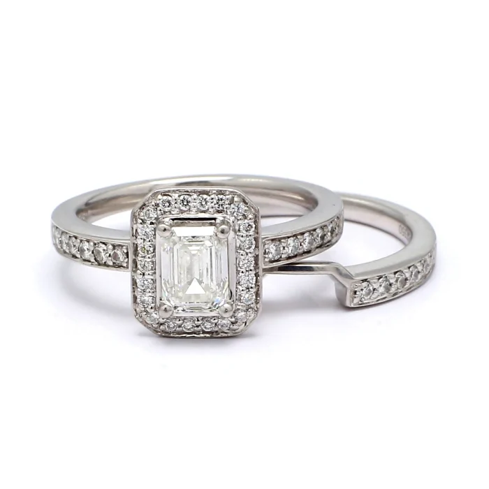 Platinum Emerald-Cut Diamond Halo Wedding Set, 1.46 ct tw