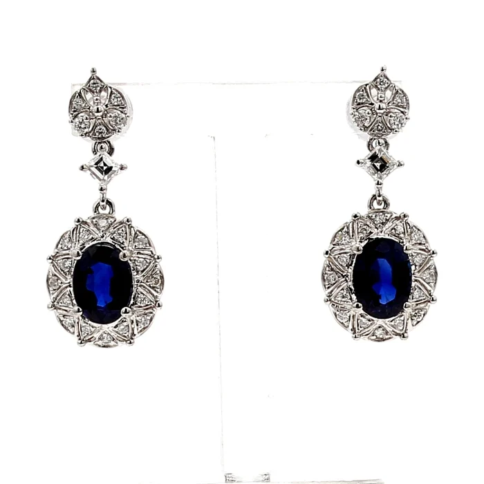 Platinum Oval Blue Sapphire and Diamond Halo Drop Earrings, 0.48 ct tw